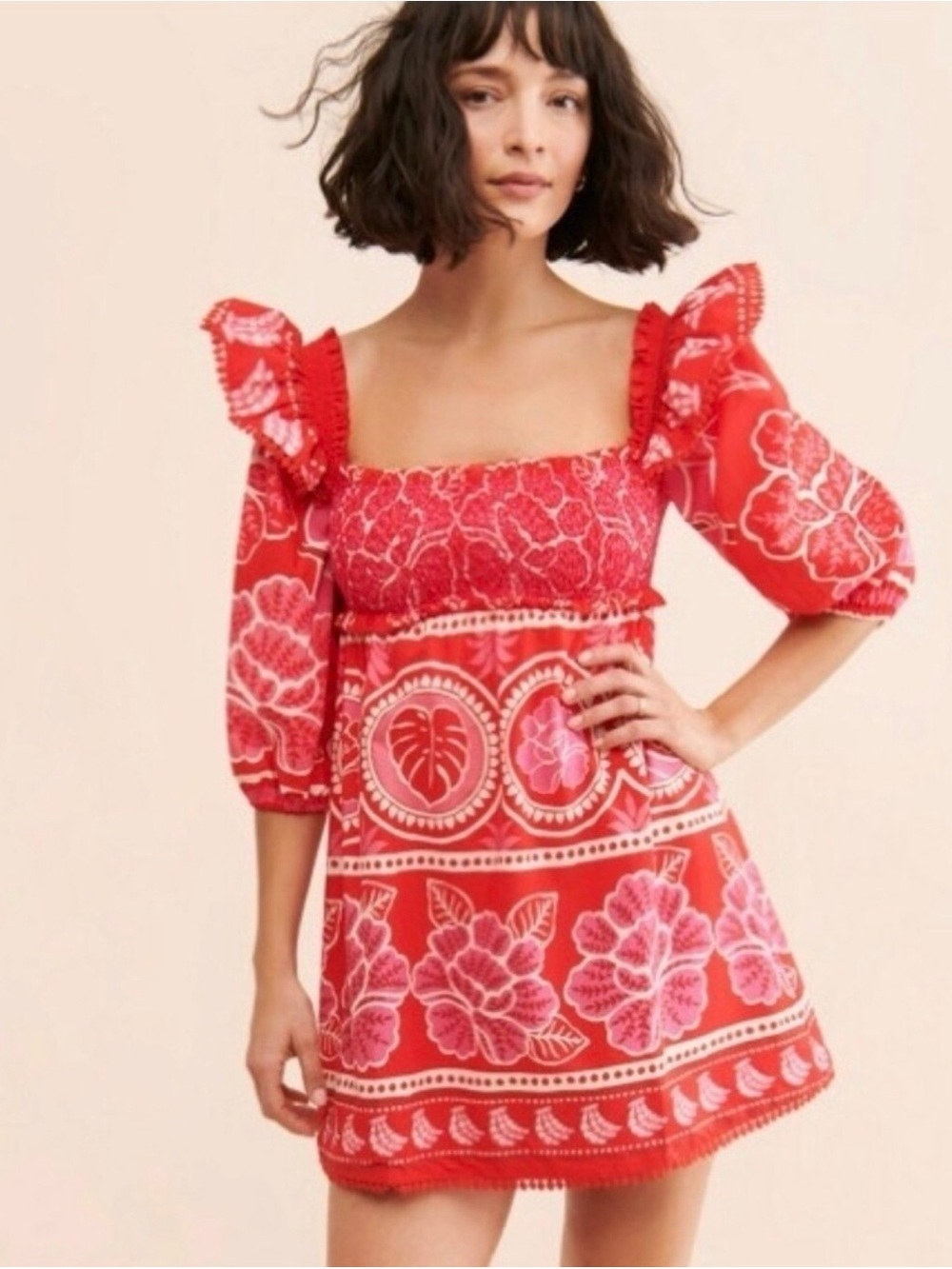 FARM Rio Summer Sunrise Red Floral Smocked Sleeve Mini Dress